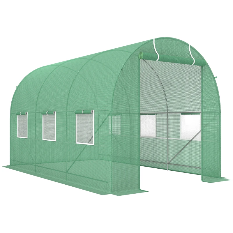Outsunny 3.5 x 2m Walk-In Polytunnel Greenhouse with Roll-Up Door and 6 Windows, Garden Plant Shelter, Steel Frame, PE Cover, Green