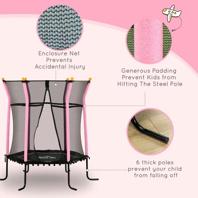 HOMCOM 5.2FT / 63 Inch Kids Trampoline With Enclosure Net Mini Indoor Trampolines for Child Age 3-6 Years Pink