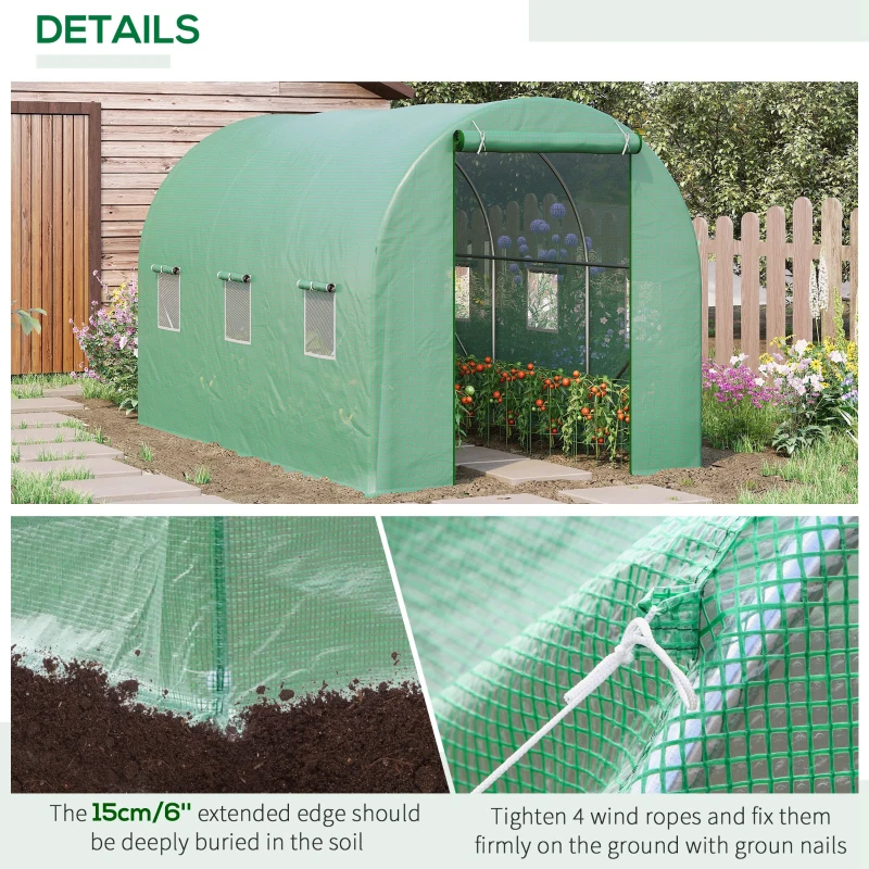 Outsunny 3.5 x 2m Walk-In Polytunnel Greenhouse with Roll-Up Door and 6 Windows, Garden Plant Shelter, Steel Frame, PE Cover, Green