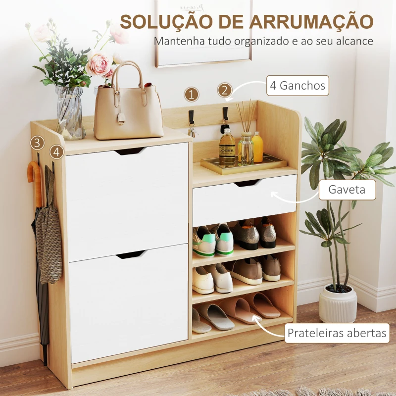 HOMCOM Sapateira Estreita com Prateleiras Ajustáveis Gaveta e 4 Ganchos para 14 Pares de Sapatos 93x30x90 cm Madeira e Branco