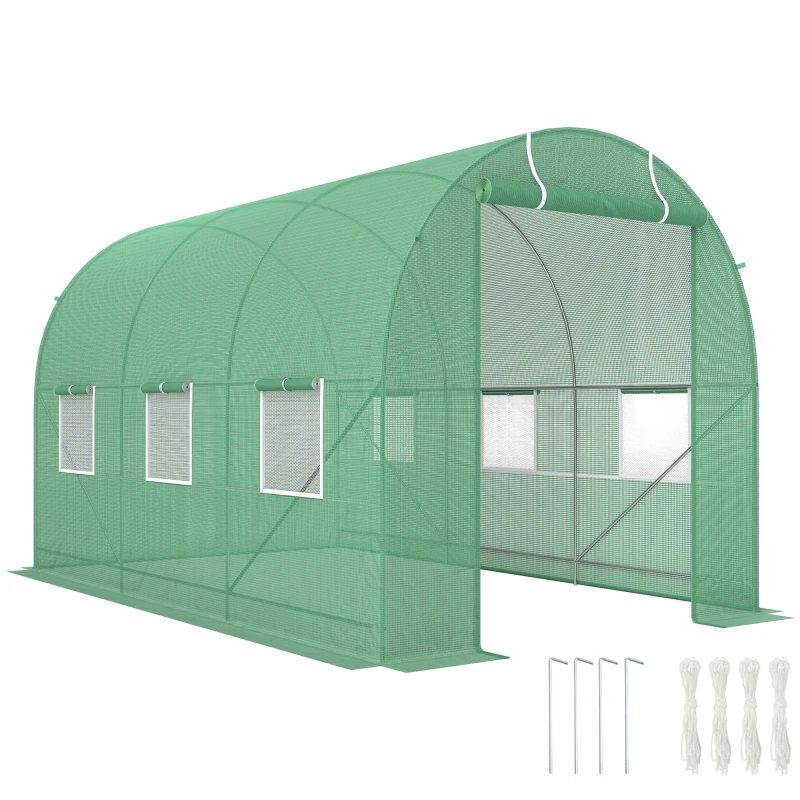 Outsunny Serre de Jardin Tunnel Surface Sol 7m² 3,5L x 2l x 2H m châssis Tubulaire renforcé Porte zippée 6 fenêtres enroulables Vert