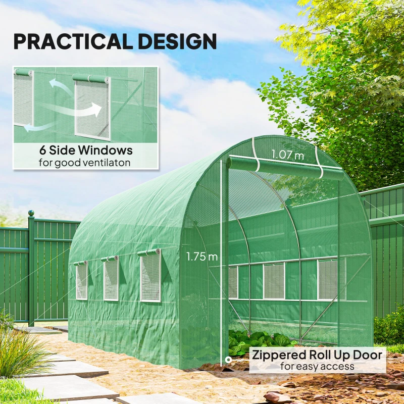 Outsunny 3.5 x 2m Walk-In Polytunnel Greenhouse with Roll-Up Door and 6 Windows, Garden Plant Shelter, Steel Frame, PE Cover, Green
