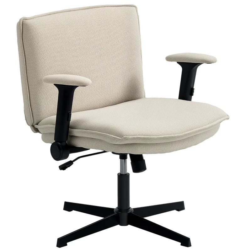 HOMCOM Sedia da Ufficio con Braccioli Ribaltabili, Sedile Largo, senza Ruote, Altezza Regolabile, Girevole, Crema