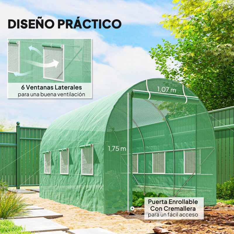Outsunny Invernadero de Jardín 3,5x2 m Invernadero de Túnel con Marco de Acero y Cubierta de Polietileno PE 140 g/m² Verde