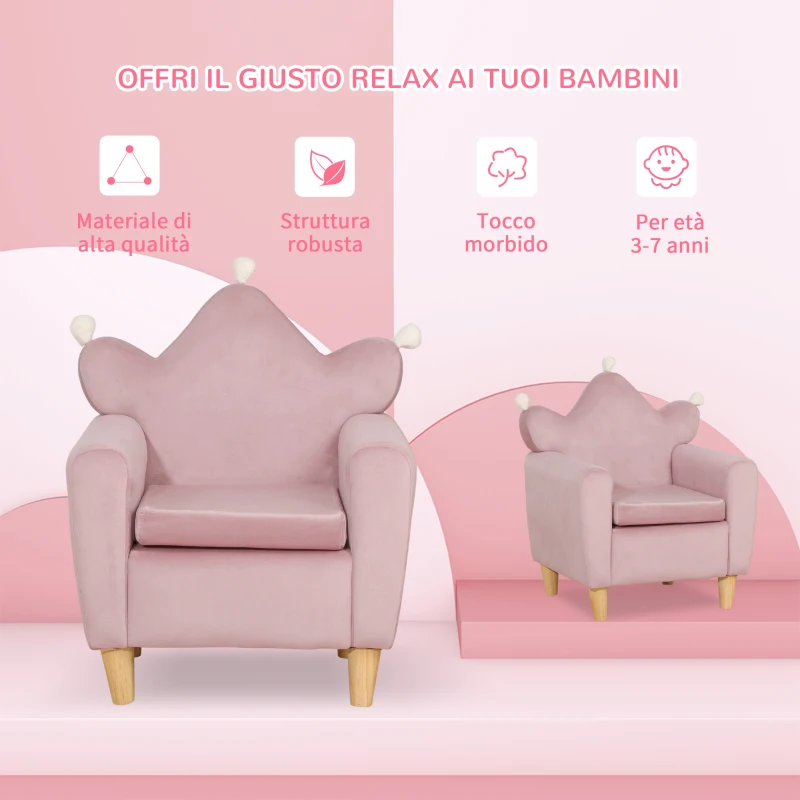 HOMCOM Poltrona per Bambini in Tessuto Effetto Velluto Rosa con Schienale a Corona, 50.2x41.9x57.8 cm
