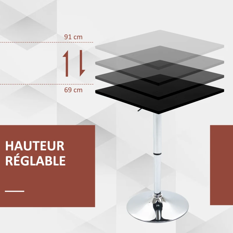 HOMCOM Table de bar table bistro chic style contemporain table carrée pivotante hauteur réglable dim. 60L x 60l x 82-103H cm métal chromé MDF noir