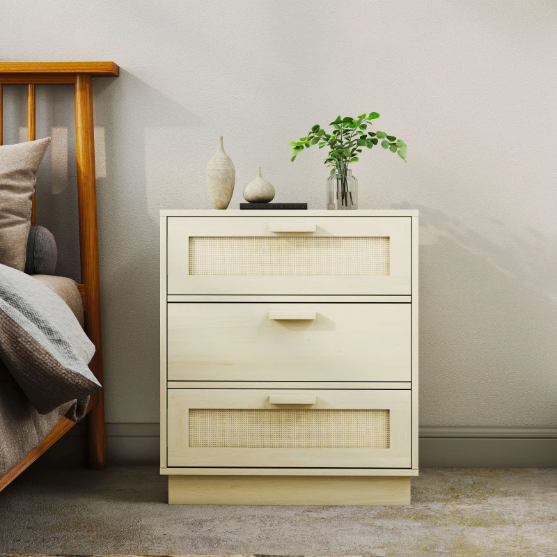 HOMCOM Cómoda con 3 Cajones de Rejilla de Ratán Cajonera de Madera para Dormitorio Estilo Cannage Bohemio 60x38x69 cm Natural(m-10)