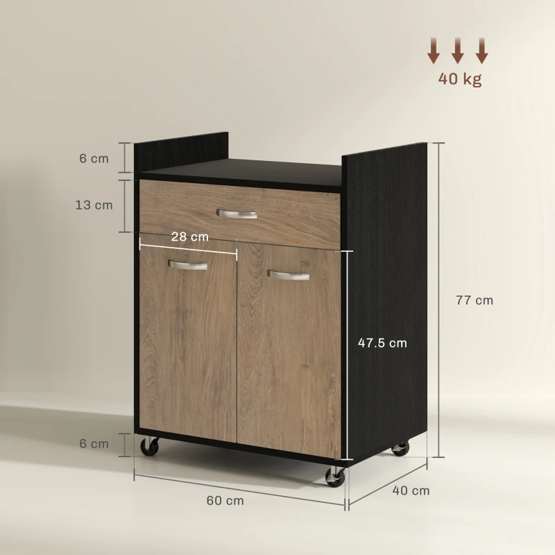 HOMCOM Cărucior de Bucătărie cu Sertar și Dulăpior, Insulă de Bucătărie cu 4 Roți și Raft Reglabil, 60x40x77 cm, Negru(m-3)
