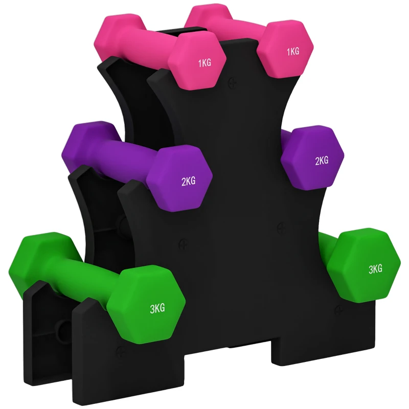 SPORTNOW Hantelset mit Ständer, 6 Hanteln insgesamt 2x1 kg, 2x2 kg, 2x3 kg, Multicolor