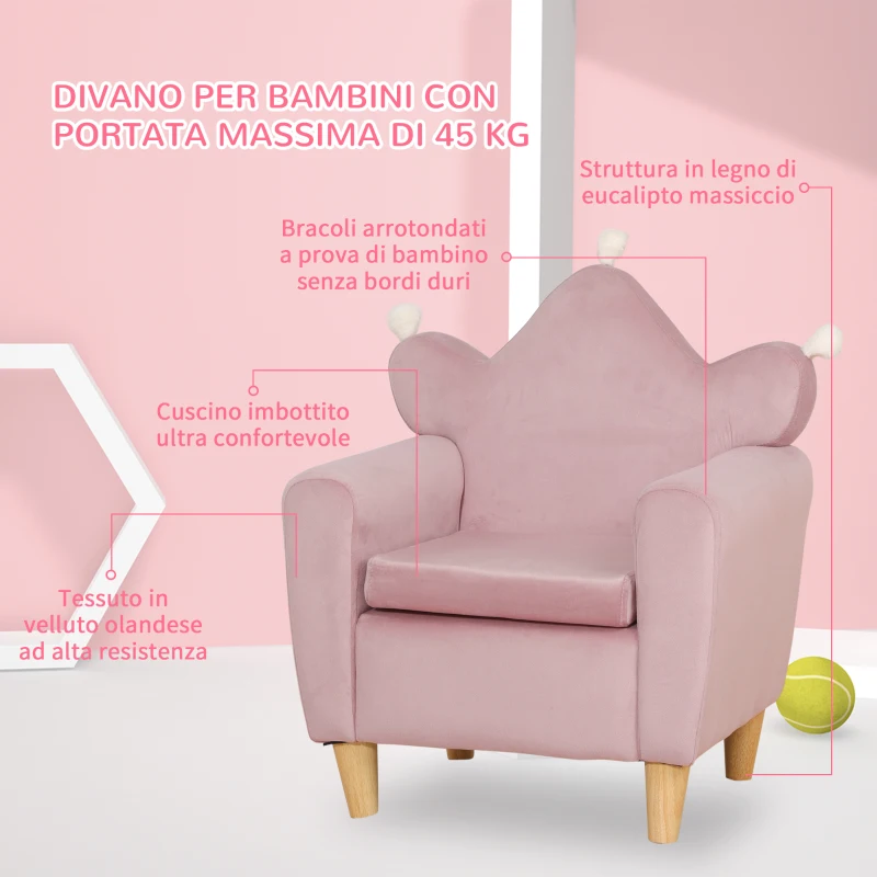 HOMCOM Poltrona per Bambini in Tessuto Effetto Velluto Rosa con Schienale a Corona, 50.2x41.9x57.8 cm