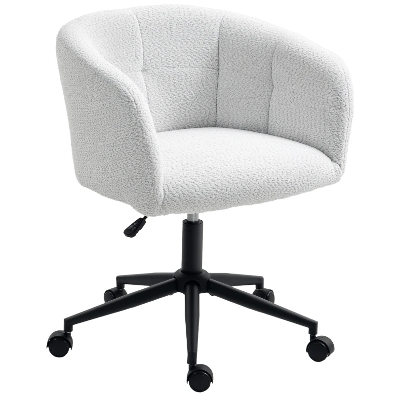 HOMCOM Chaise de bureau rembourrée avec revêtement pelucheux, design en forme de baignoire, chaise de bureau roulante, base en acier, Crème+Noir