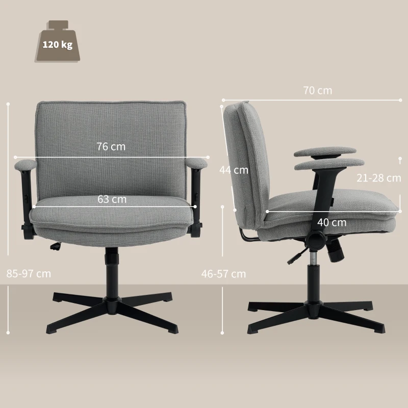HOMCOM Chaise de bureau avec accoudoirs relevables, large chaise de bureau en lin, réglable en hauteur, base en acier, Gris