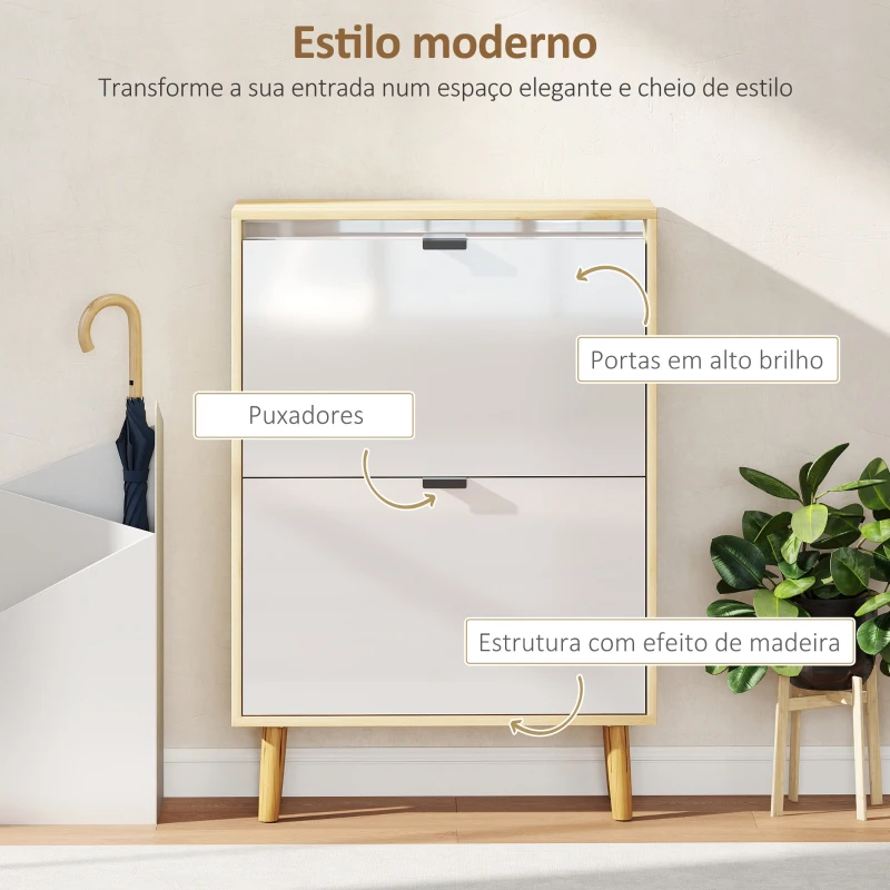HOMCOM Sapateira Estreita com 2 Portas em Branco Brilhante e Estantes Ajustáveis Pés de Madeira para 12 Pares de Sapatos 60x24x91 cm