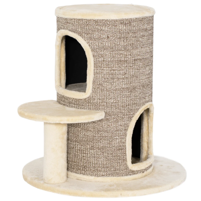 PawHut Katzenfass, Kratzbaum mit 2 Ebenen, Sprungplattform, Aussichtspunkt, Kratzmatte, zum Ausruhen und Spielen, Beige