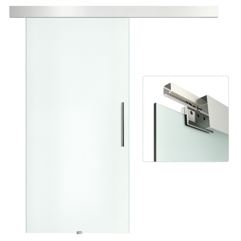 HOMCOM Puerta Corredera de Cristal Satinado 102,5x205 cm Puerta Corrediza con Riel Tirador y Cristal de Seguridad Translúcido
