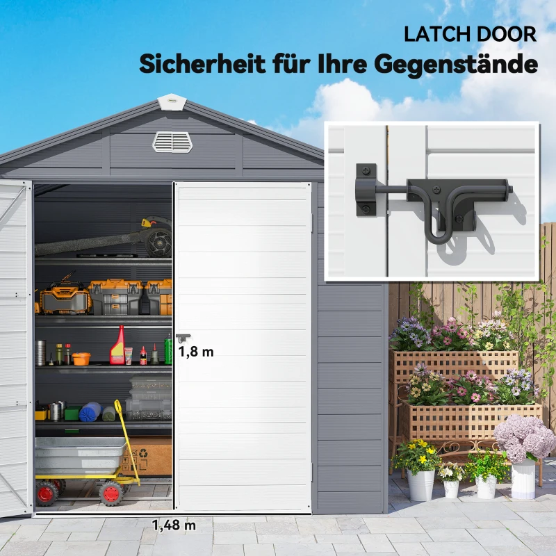 Outsunny Gerätehaus, Gartenhaus, Geräteschuppen mit Lüftungsfenster, Kunststoff, Metall, 240 x 190 x 180/228, Grau(m-8)