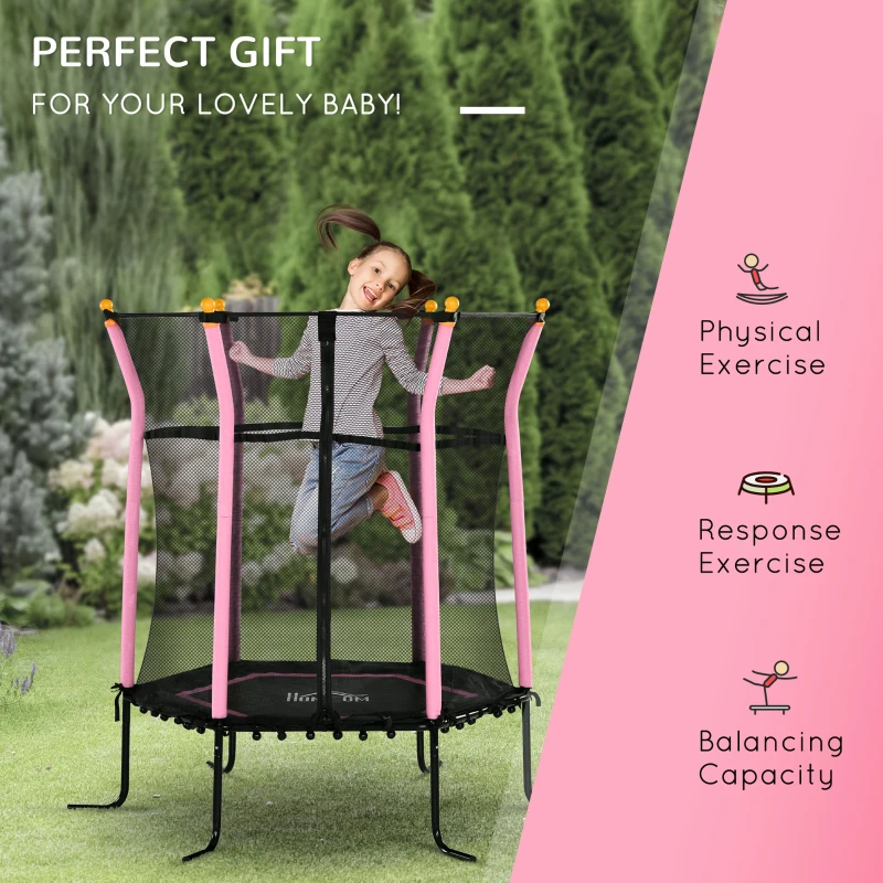 HOMCOM 5.2FT / 63 Inch Kids Trampoline With Enclosure Net Mini Indoor Trampolines for Child Age 3-6 Years Pink