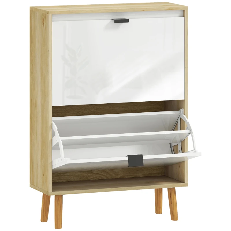HOMCOM Sapateira Estreita com 2 Portas em Branco Brilhante e Estantes Ajustáveis Pés de Madeira para 12 Pares de Sapatos 60x24x91 cm