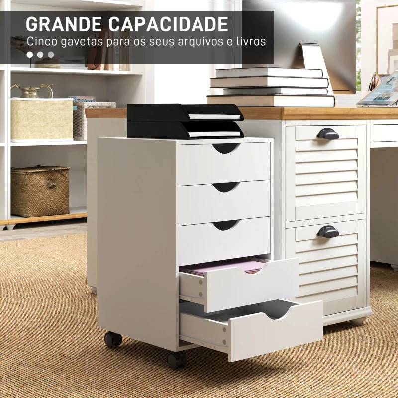 HOMCOM Bloco de Gavetas com Rodas Bloco de Gavetas para Escritório com 5 Gavetas  40x40x67 cm Branco