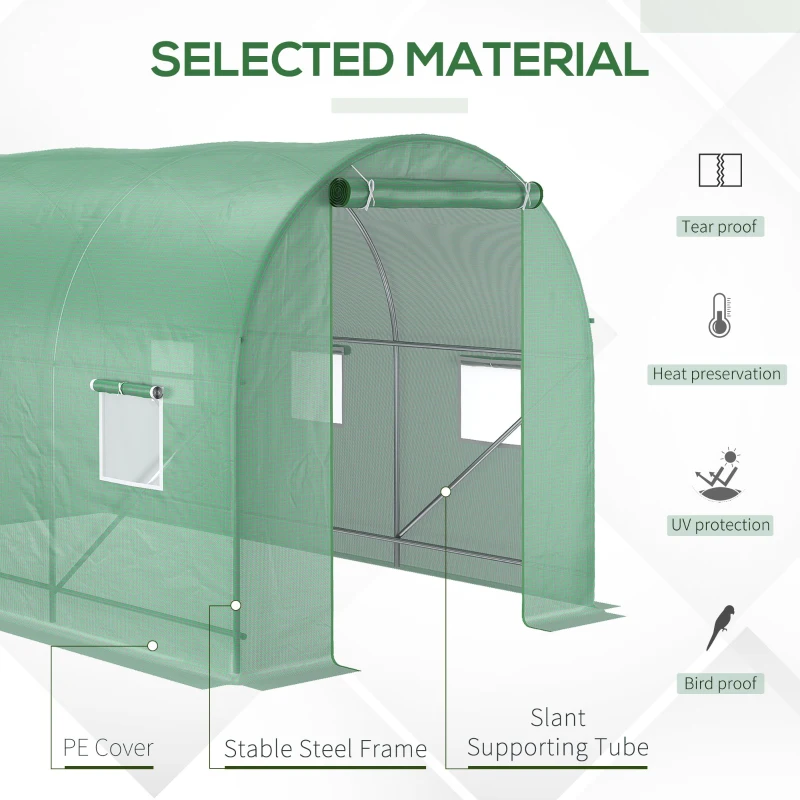 Outsunny 3.5 x 2m Walk-In Polytunnel Greenhouse with Roll-Up Door and 6 Windows, Garden Plant Shelter, Steel Frame, PE Cover, Green