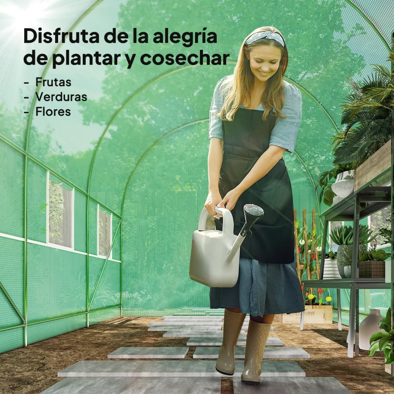 Outsunny Invernadero de Jardín 3,5x2 m Invernadero de Túnel con Marco de Acero y Cubierta de Polietileno PE 140 g/m² Verde