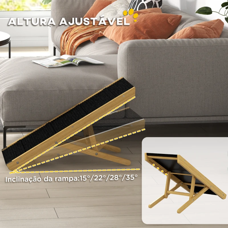 PawHut Rampa para Animais de Estimação de Madeira com Altura Ajustável em 4 Níveis para Cães Pequenos e Médios 83,5x35x47,5 cm Natural