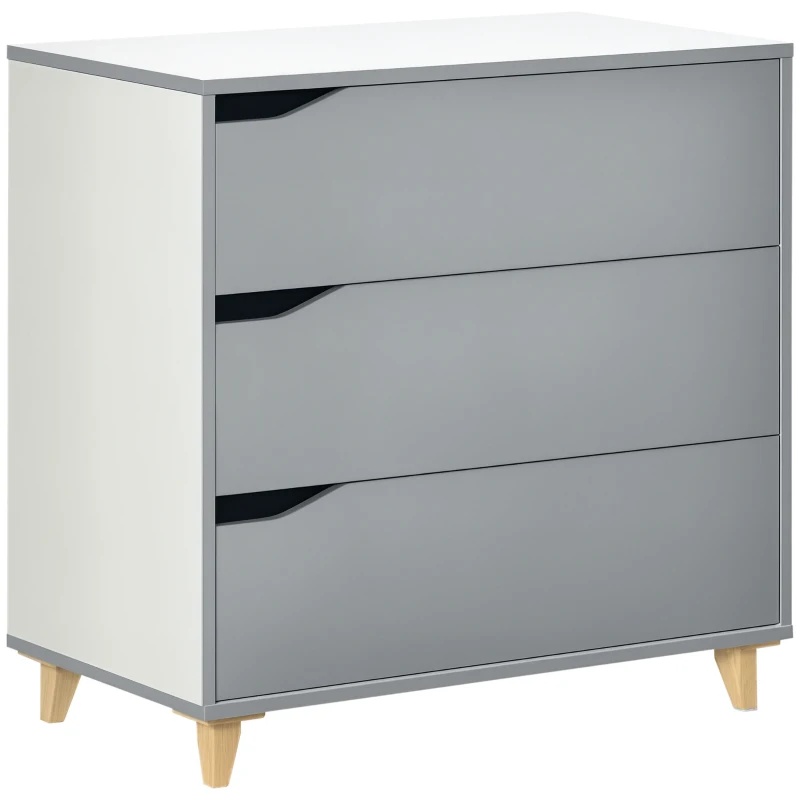 HOMCOM Drawer Chest, 3-Drawer Storage Cabinet Unit with Pine Wood Legs for Bedroom, Living Room, 75cmx42cmx75cm, Grey