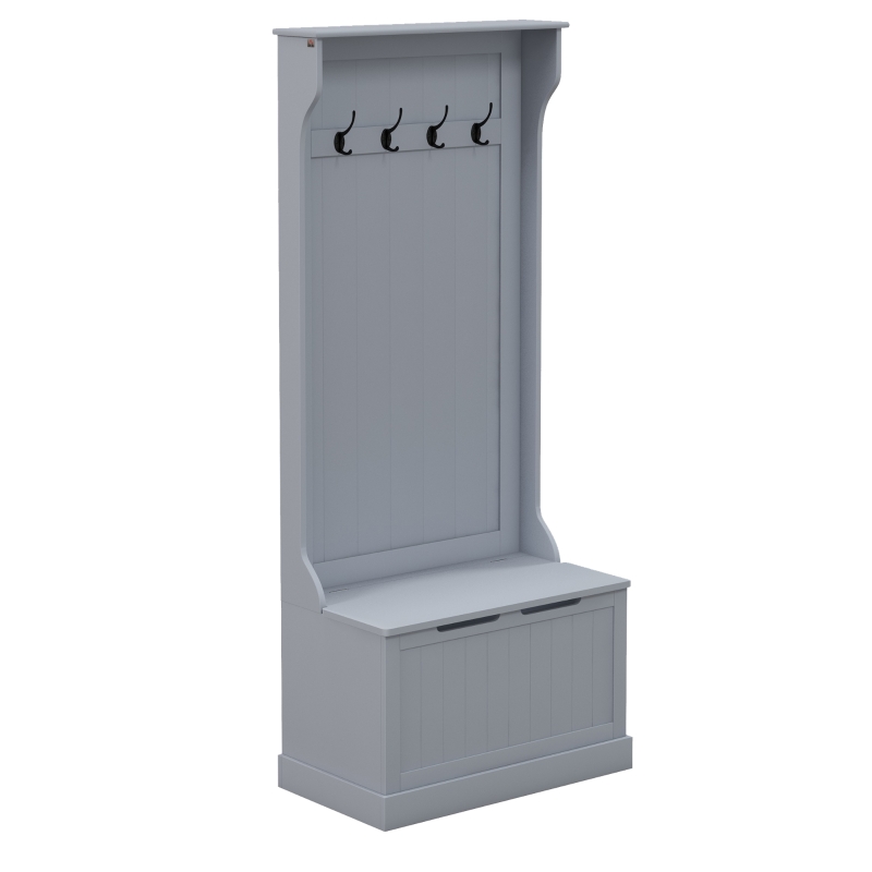 HOMCOM Mobile Appendiabiti 3 in 1 con 4 Ganci e Panca Contenitore, in Legno, 71.5x39.5x170 cm, Grigio