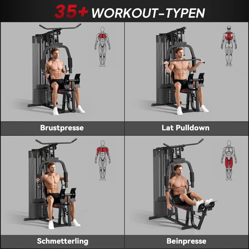 SPORTNOW Heim-Fitnessstation mit 45 kg Gewichtsblöcken, Hochseilzug, Bruststation, Beinpresse für vielseitiges Training(m-4)