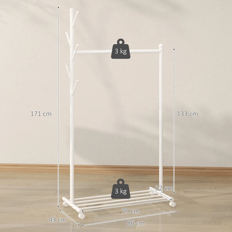 HOMCOM Appendiabiti con Ruote 5 Ganci Barra per Appendere e Scaffale Inferiore per Ingresso Entrata 86x43x171 cm Bianco