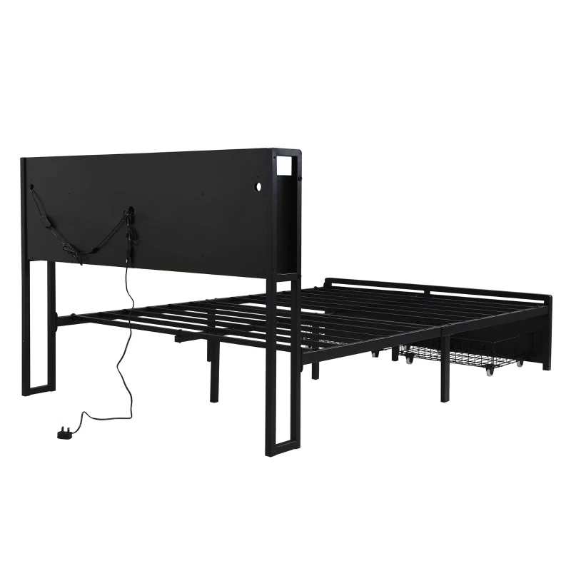 Metal Bed with LED Lights and Charging Ports, Bed Frame with Wheeled Drawers, Padded Storage, 209L x 137.5W x 100H cm, Black