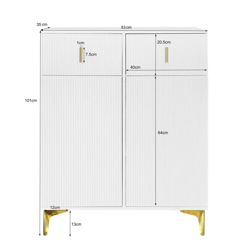 Elegant Sideboard with Adjustable Shelves and Gold-Plated Accents, Cabinet Ideal for Space-Saving Room, 83L x 35W x 101H cm, White+Gold