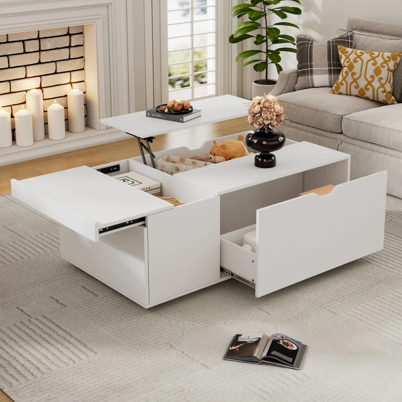 Lift Up Coffee Table with Hydraulic Mechanism, Wooden Tea Table with Drawer and Hidden Storage, 117L x 65W x 43H cm, White