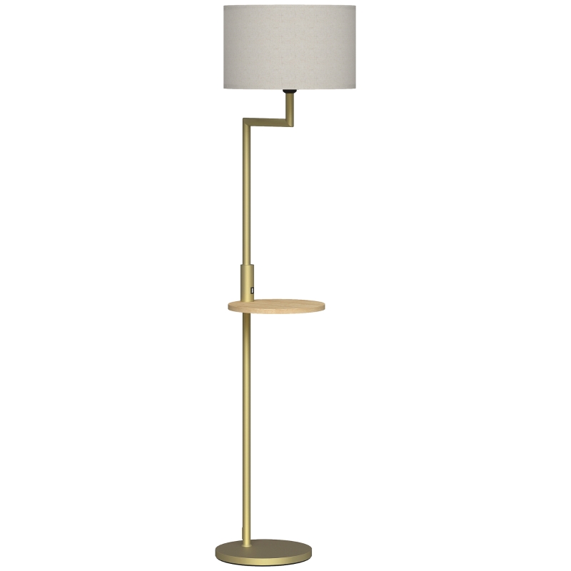 HOMCOM Lámpara de Pie Moderna con Estante Pantalla de Lino Interruptor de Cadena y Puerto USB Ø40x170 cm para Salón Dorado
