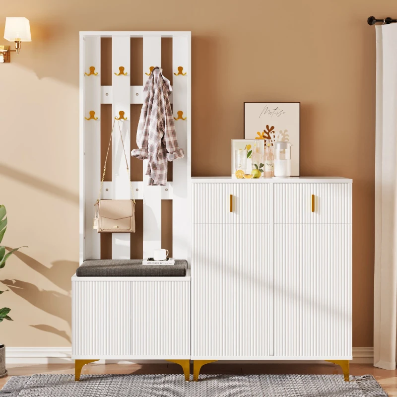 Practical Wardrobe Set with Shoe Bench and Cushion, Wave Texture, Closet Set Perfect for Entryway, 60.5L x 35W x 180.5H cm, White