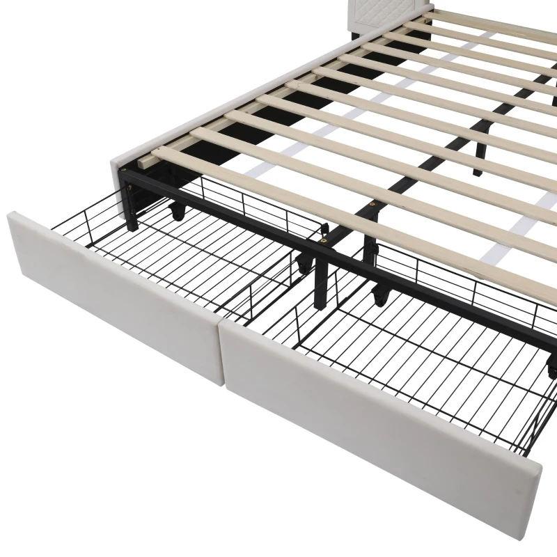 Upholstered Double Bed with Storage Drawers and Headboard Pockets, Bed Frame with Velvet and Plywood, 229L x 222.5W x 87.5H cm, Beige