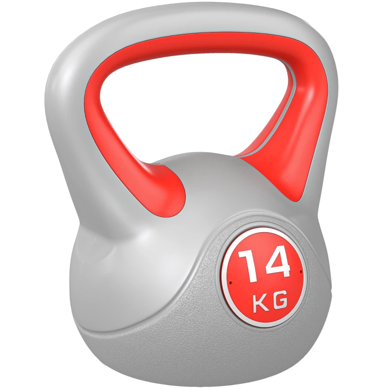 SPORTNOW Kettlebell 14kg in PU e Sabbia con Base Piatta e Impugnatura per Stacchi, Squat e Sollevamenti, 26x18x32 cm, Rosso