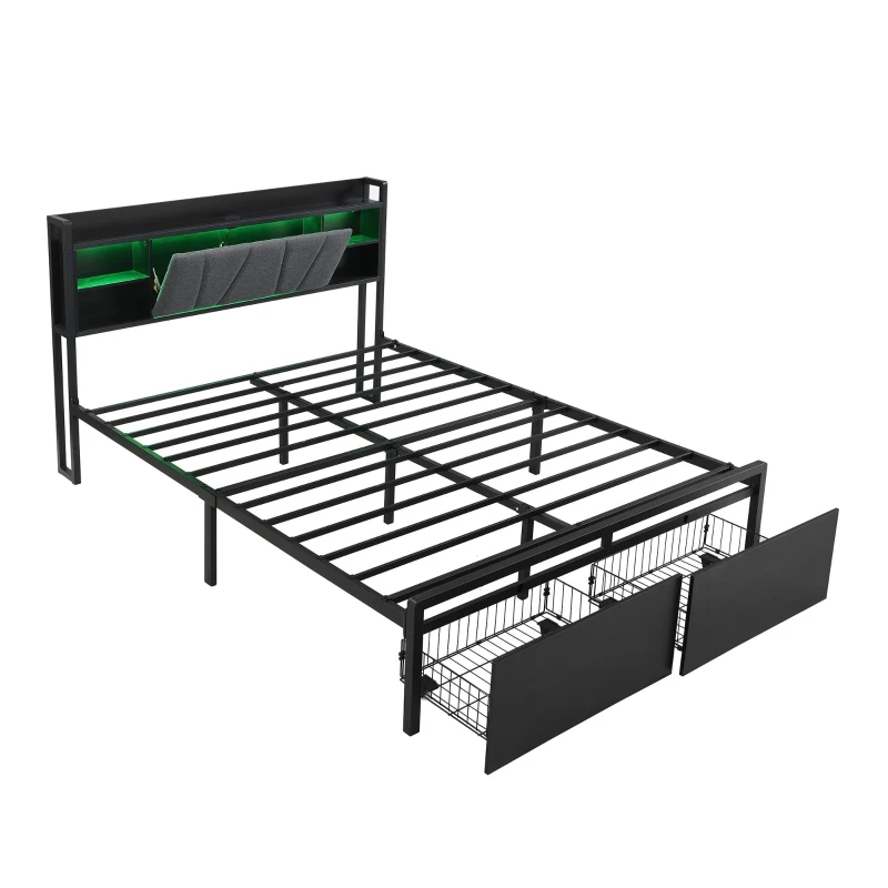 Metal Bed with LED Lights and Charging Ports, Bed Frame with Wheeled Drawers, Padded Storage, 209L x 137.5W x 100H cm, Black