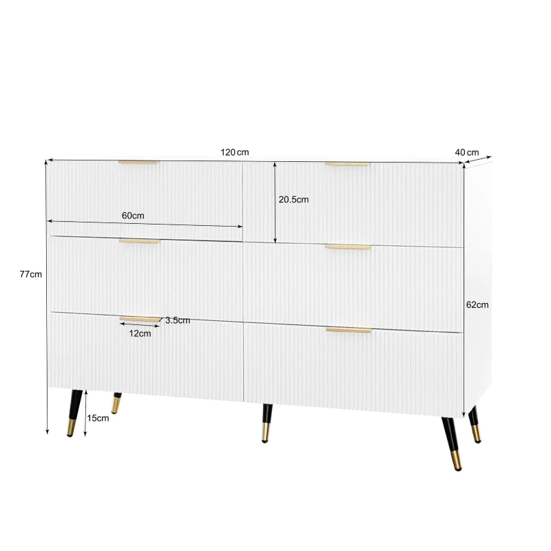 Elegant Sideboard with Modern Design, Chest of Drawers and Storage Space, Cabinet for Space-Saving Room, 120L x 40W x 77H cm, White+Gold