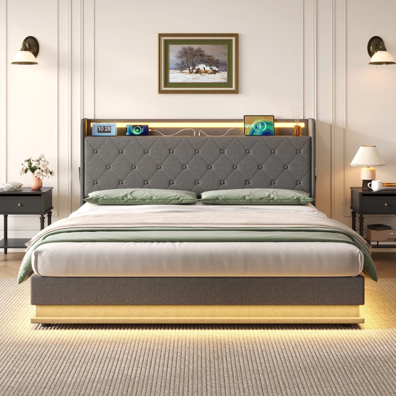 Double Upholstered Bed Frame with Hydraulic Storage, Charging Station, LED Headboard Ideal for Living Room, 203L x 141W x 113H cm, Grey