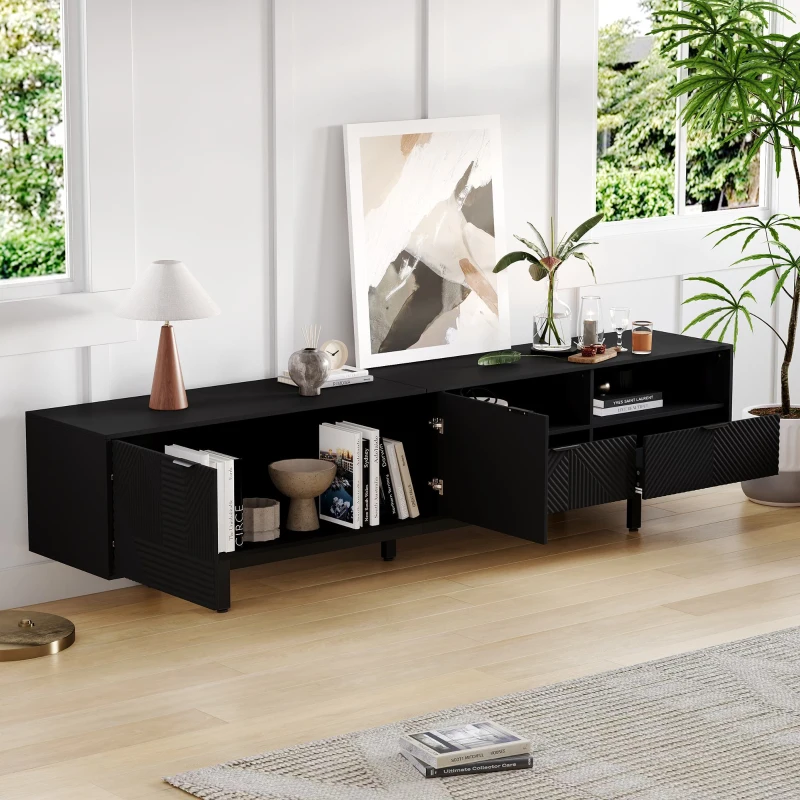 Modern Bohemian TV Cabinet with Sturdy and Durable Construction, Geometric Lines TV Stand for Living Room, 200L x 40W x 51H cm, Black