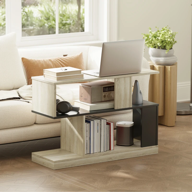 HOMCOM Beistelltisch in S-Form, 3 Ebenen Ablagen, 90 x 30 x 61 cm, Naturholzoptik Schwarz