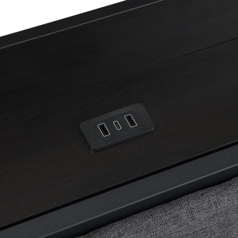 Metal Bed with LED Lights and Charging Ports, Bed Frame with Wheeled Drawers, Padded Storage, 209L x 137.5W x 100H cm, Black