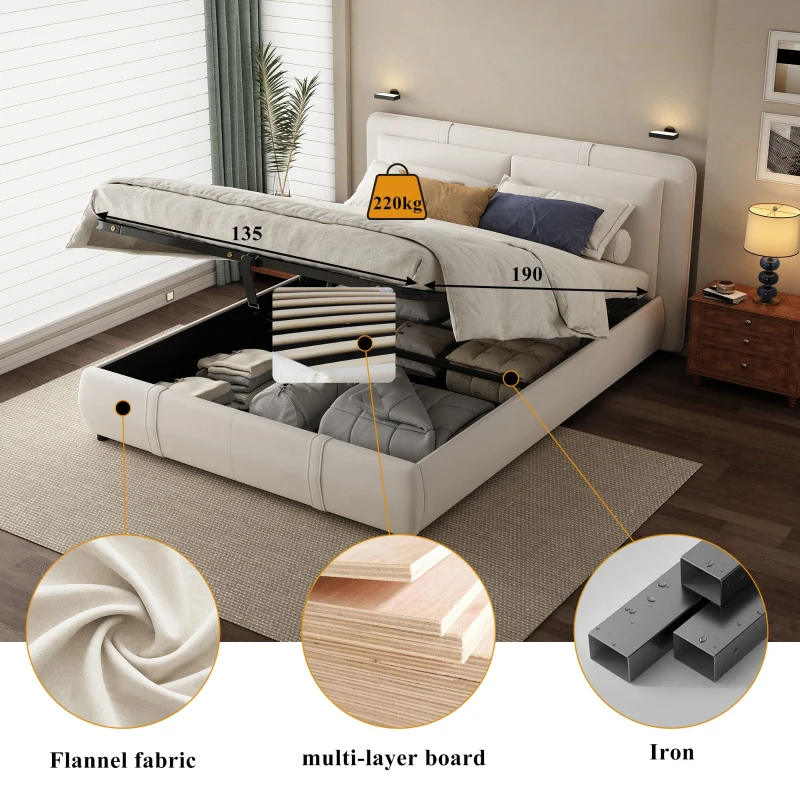 Upholstered Double Bed with Hydraulic Storage and Headboard, Full-Size Bed Ideal for Storing Bedding, 210L x 159W x 90H cm, Beige