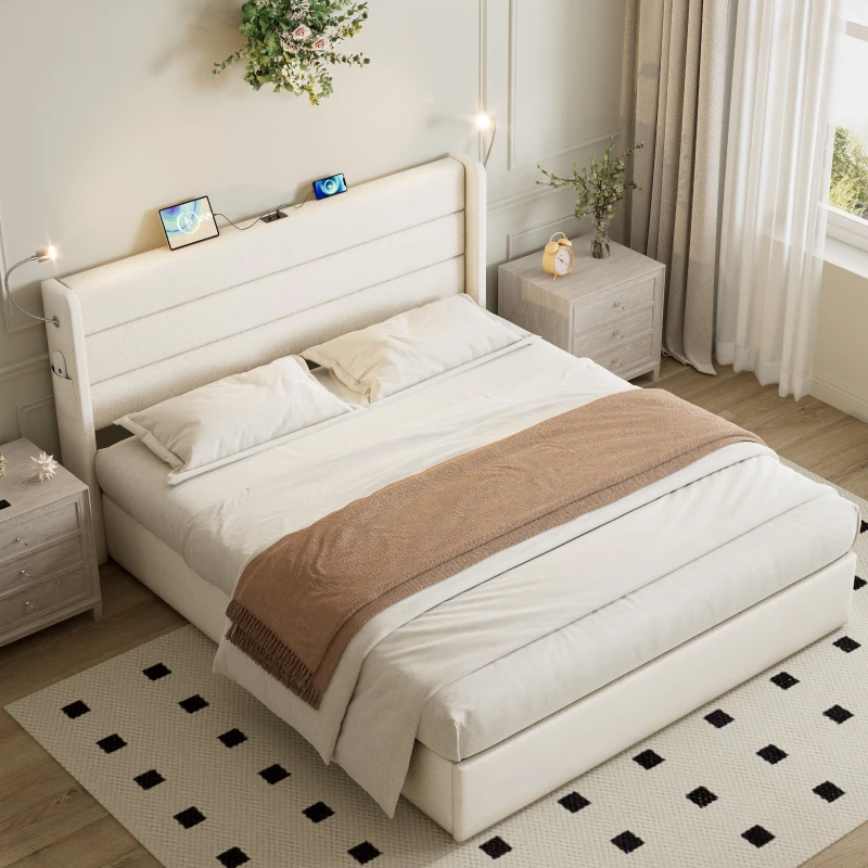 King Upholstered Bed with Hydraulic Storage, Adjustable LED Reading Light, Practical Headboard for Living Room, 208L x 158W x 113H cm, Beige