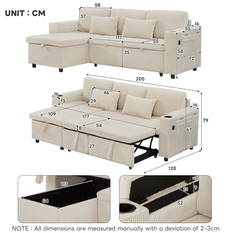 3-in-1 Convertible Corduroy Sofa Bed with Storage and Charging Station, L-Shaped Sleeper Sofa with Armrest, 205L x 128W x 79H cm, Beige
