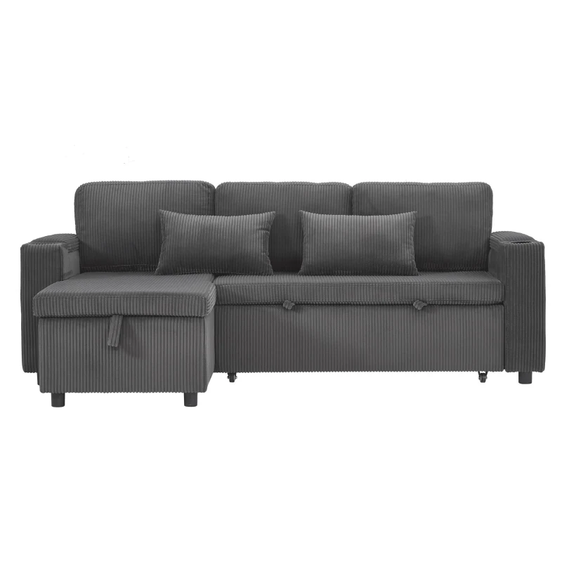 3-in-1 Convertible Corduroy Sofa Bed with Chaise and Charging Station, L-Shaped Sleeper Sofa with Armrest, 205L x 128W x 79H cm, Grey