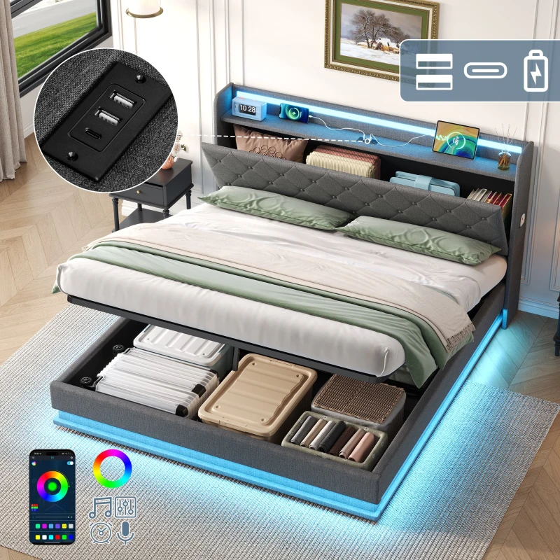 Double Upholstered Bed Frame with Hydraulic Storage, Charging Station, LED Headboard Ideal for Living Room, 203L x 141W x 113H cm, Grey