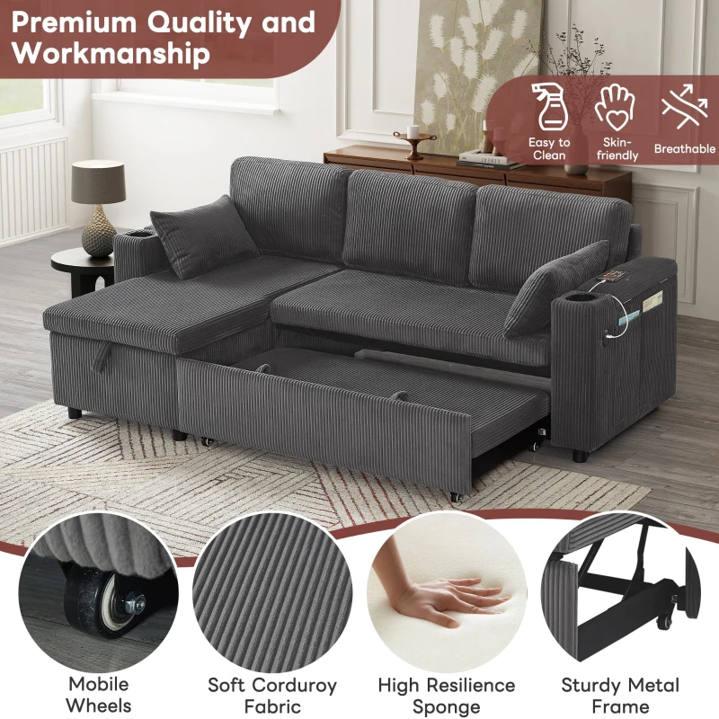 3-in-1 Convertible Corduroy Sofa Bed with Chaise and Charging Station, L-Shaped Sleeper Sofa with Armrest, 205L x 128W x 79H cm, Grey