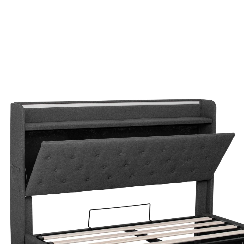 Double Upholstered Bed Frame with Hydraulic Storage, Charging Station, LED Headboard Ideal for Living Room, 203L x 141W x 113H cm, Grey